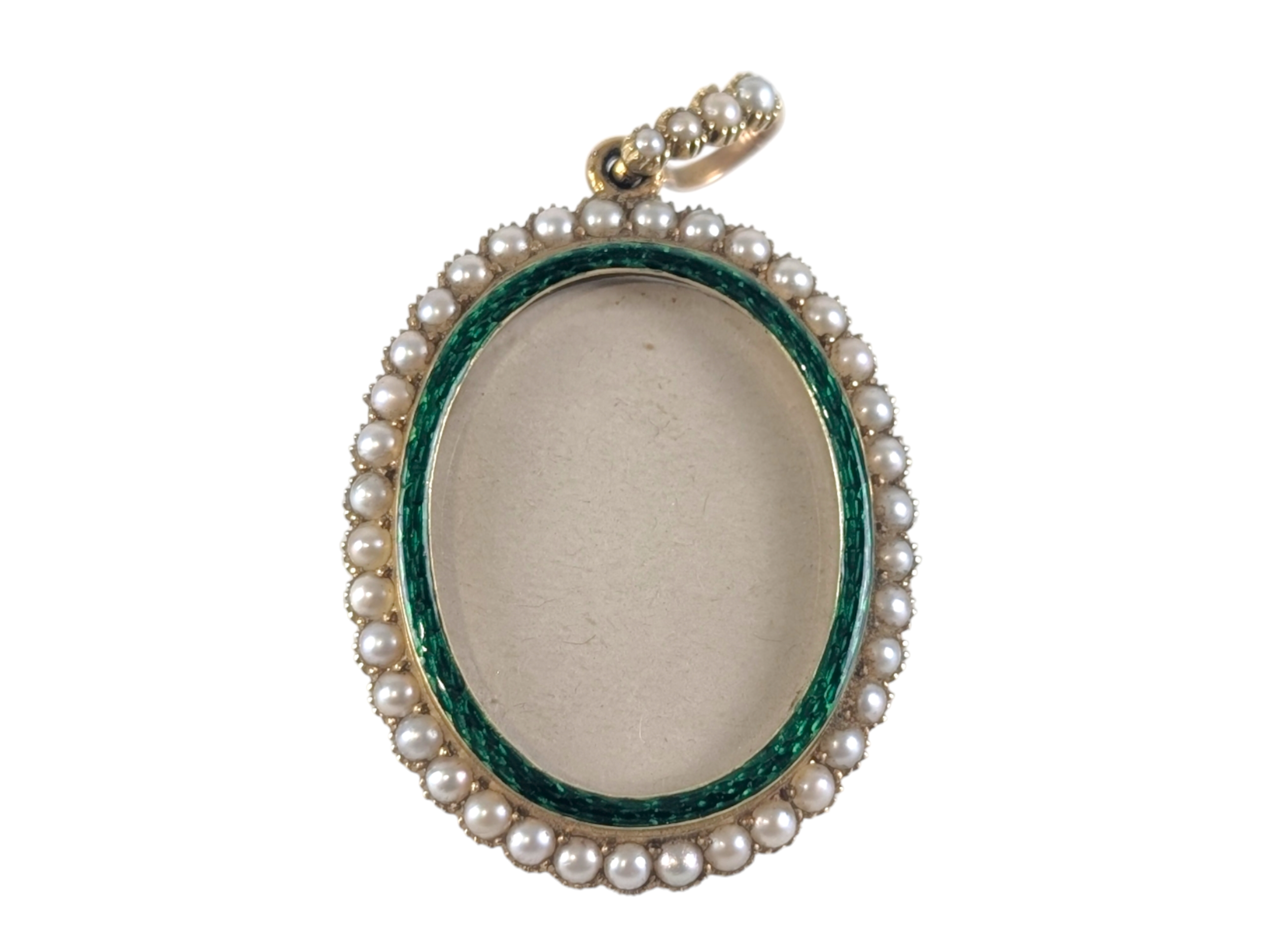 Victorian / Early Edwardian Antique 15ct Gold Guilloche Enamel & Seed Pearl Oval Photo Locket Pendant