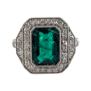 Art Deco Style Platinum Zambian Emerald & Diamond Ring – 2.22ct Emerald | Size L