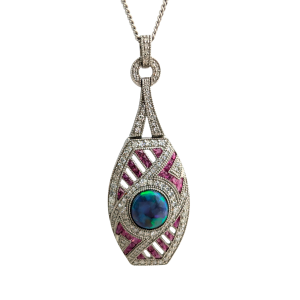 Art Deco Style Platinum Opal, Ruby & Diamond Pendant with Platinum Chain