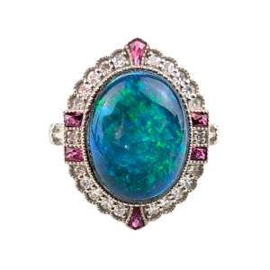 Platinum Australian Opal, Ruby & Diamond Ring – 3.51ct Opal | Size M