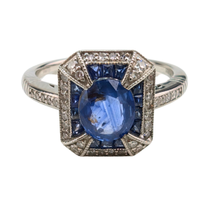 Platinum Ceylon Sapphire & Diamond Ring – 1.18ct Sapphire | Art Deco Style