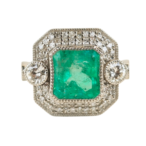 Art Deco Style Platinum Diamond & Natural Columbian Emerald Ring
