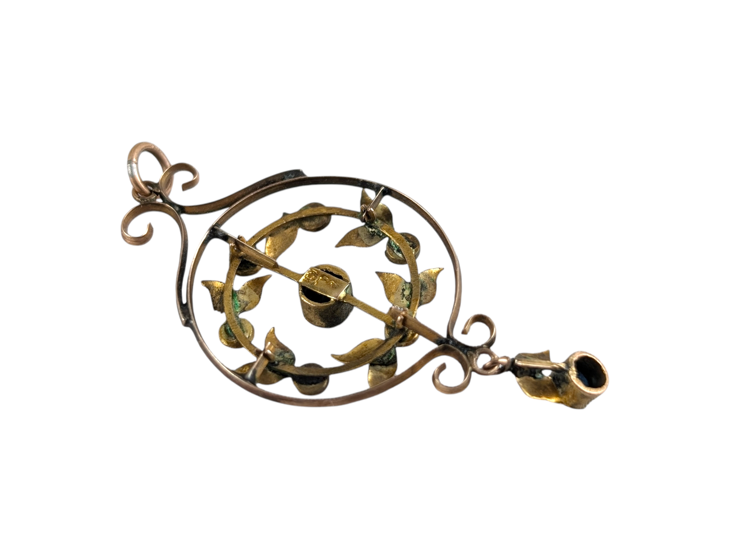 Edwardian Antique 9ct Gold Sapphire & Seed Pearl Pendant with Drop - Image 2