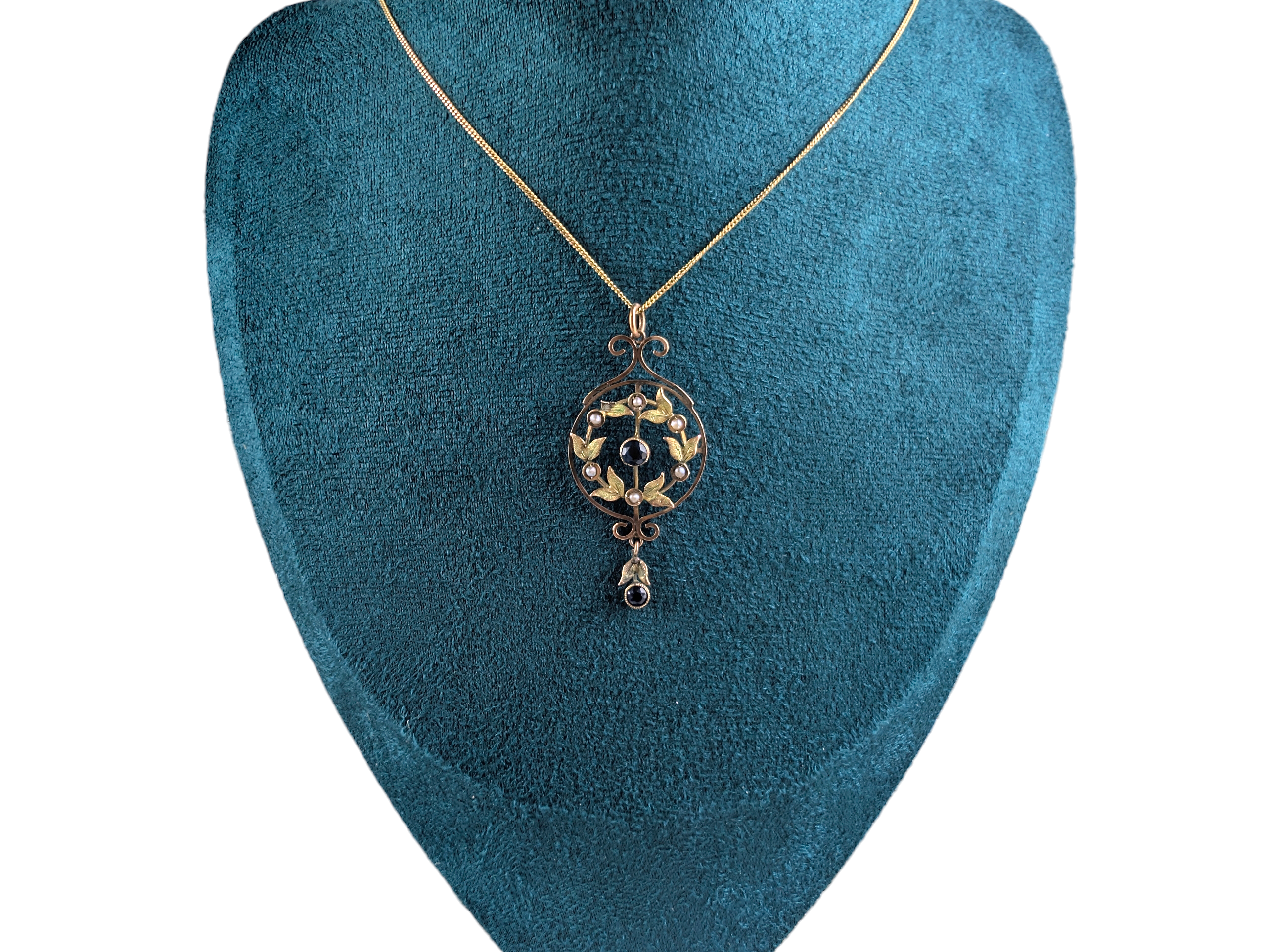 Edwardian Antique 9ct Gold Sapphire & Seed Pearl Pendant with Drop - Image 3