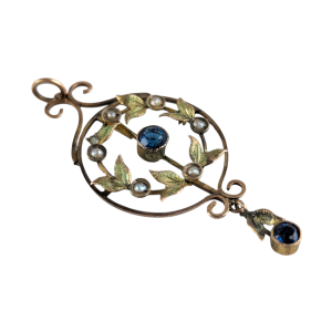 Edwardian Antique 9ct Gold Sapphire & Seed Pearl Pendant with Drop