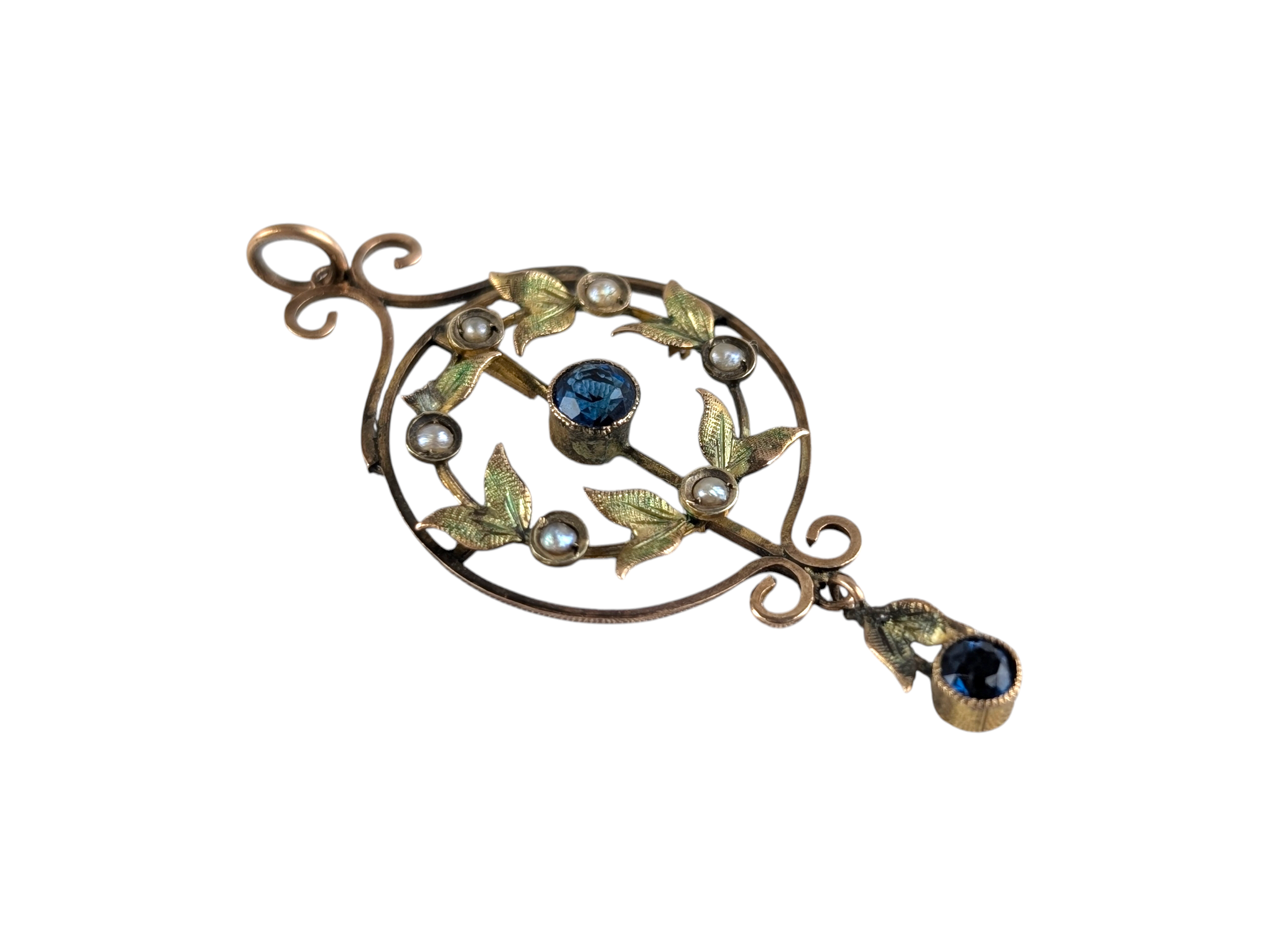 Edwardian Antique 9ct Gold Sapphire & Seed Pearl Pendant with Drop