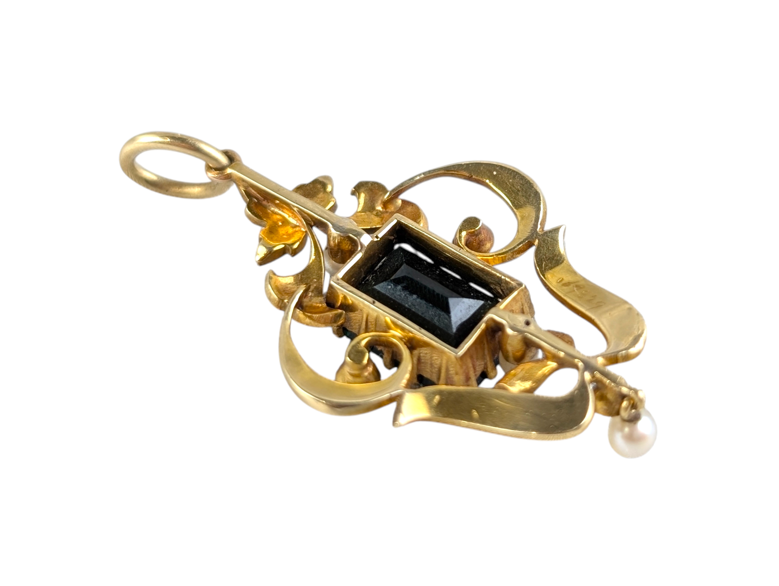 Edwardian Antique 15ct Gold Green Tourmaline & Natural Pearl Drop Pendant - Image 3