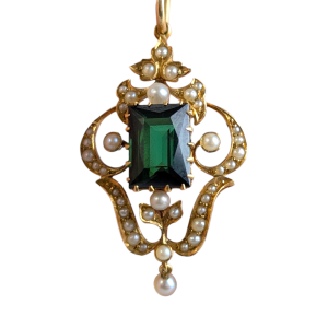 Edwardian Antique 15ct Gold Green Tourmaline & Natural Pearl Drop Pendant