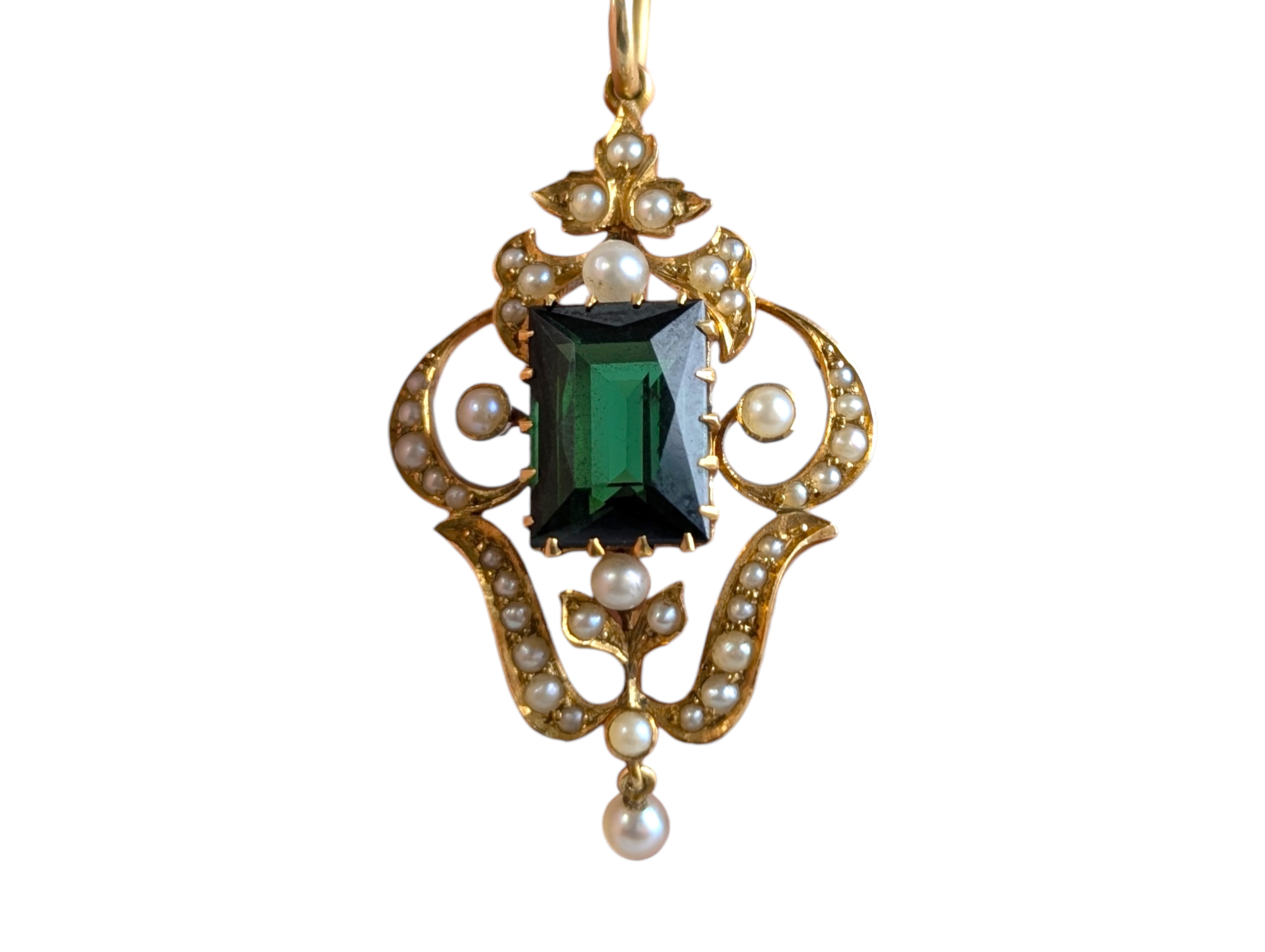 Edwardian Antique 15ct Gold Green Tourmaline & Natural Pearl Drop Pendant