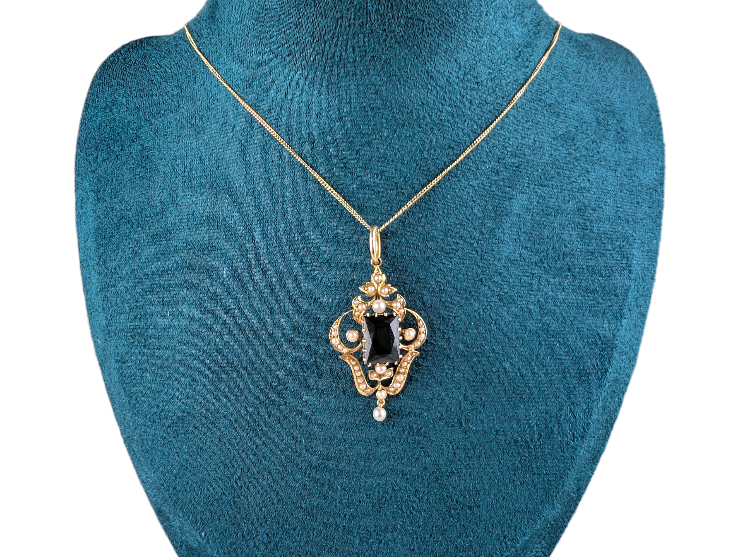Edwardian Antique 15ct Gold Green Tourmaline & Natural Pearl Drop Pendant - Image 4