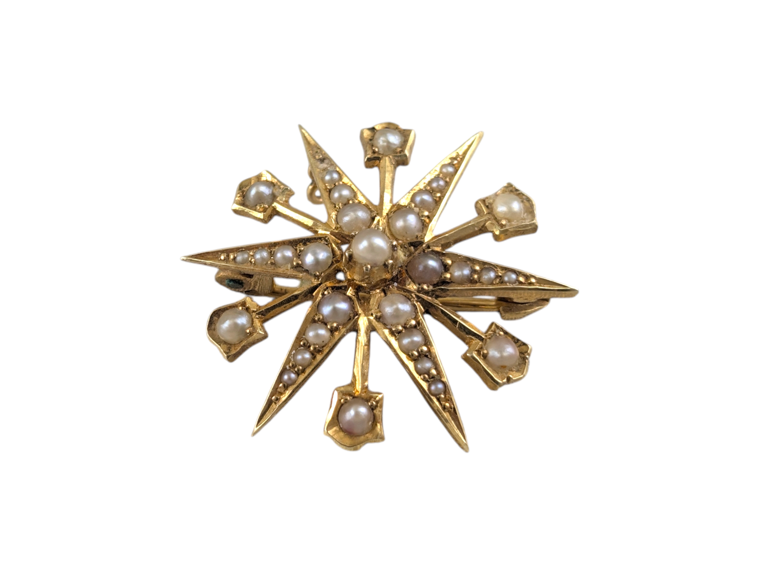Victorian / Edwardian Antique 15ct Gold Natural Pearl Starburst Brooch Pendant