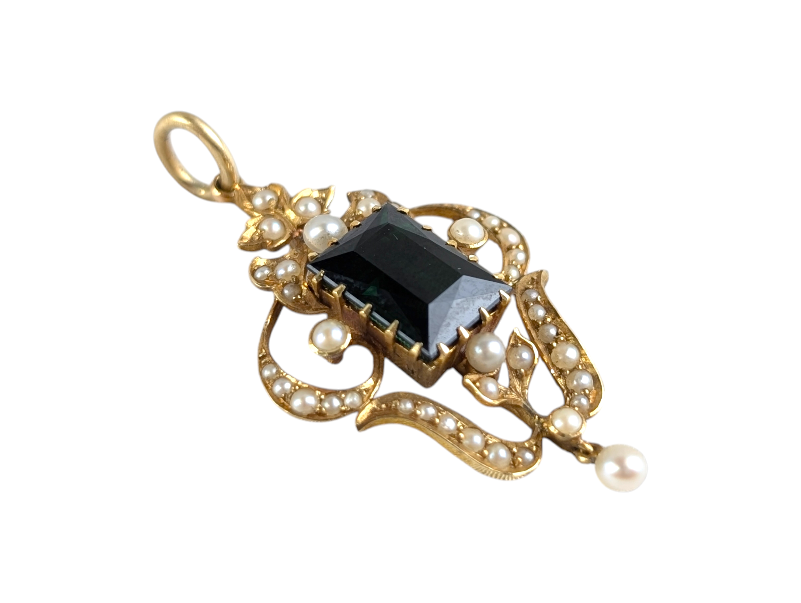 Edwardian Antique 15ct Gold Green Tourmaline & Natural Pearl Drop Pendant - Image 2