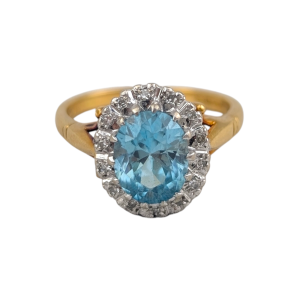 Vintage 18ct Gold Blue Zircon & Diamond Cluster Ring - Size M