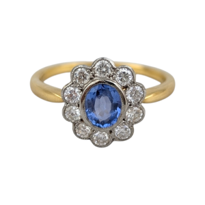 Antique 18ct Gold Cornflower Blue Ceylon Sapphire & Diamond Cluster Ring