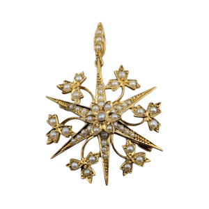 Antique Victorian / Edwardian 15ct Gold Seed Pearl Star Brooch Pendant
