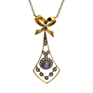 Antique Edwardian 9ct Gold Amethyst & Seed Pearl Necklace