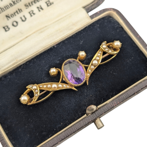 Antique Edwardian 15ct Gold Amethyst & Seed Pearl Brooch