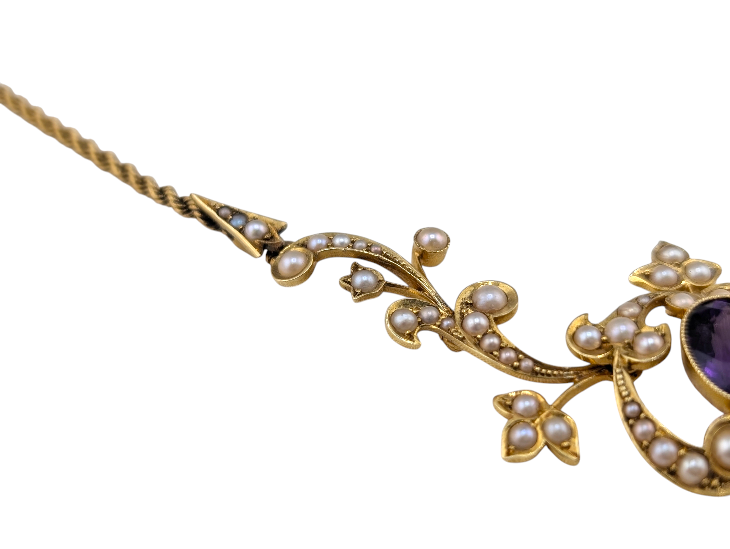 Edwardian 15ct Gold Articulated Scrollwork Amethyst & Natural Pearl Lavalier Necklace - Image 3