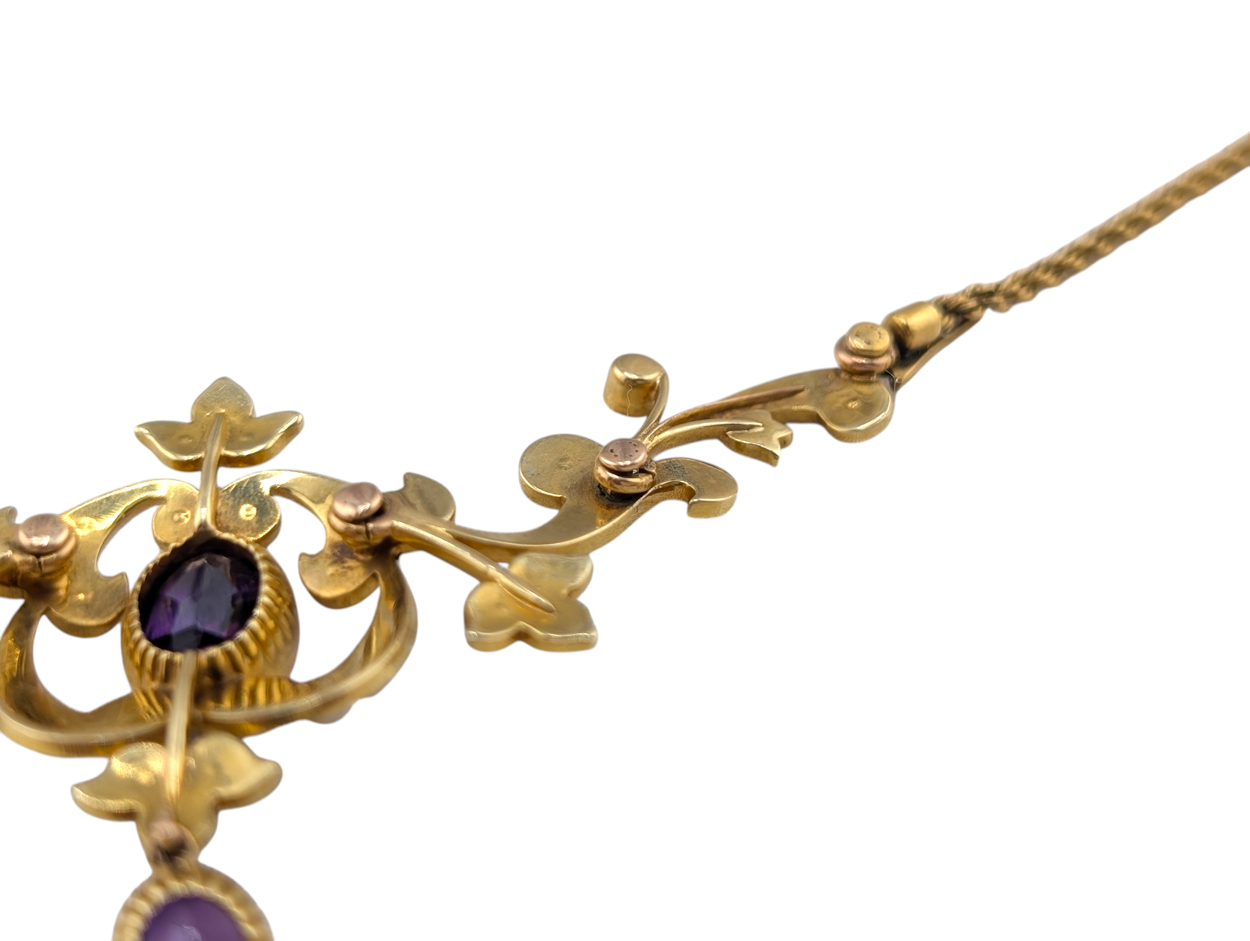 Edwardian 15ct Gold Articulated Scrollwork Amethyst & Natural Pearl Lavalier Necklace - Image 11