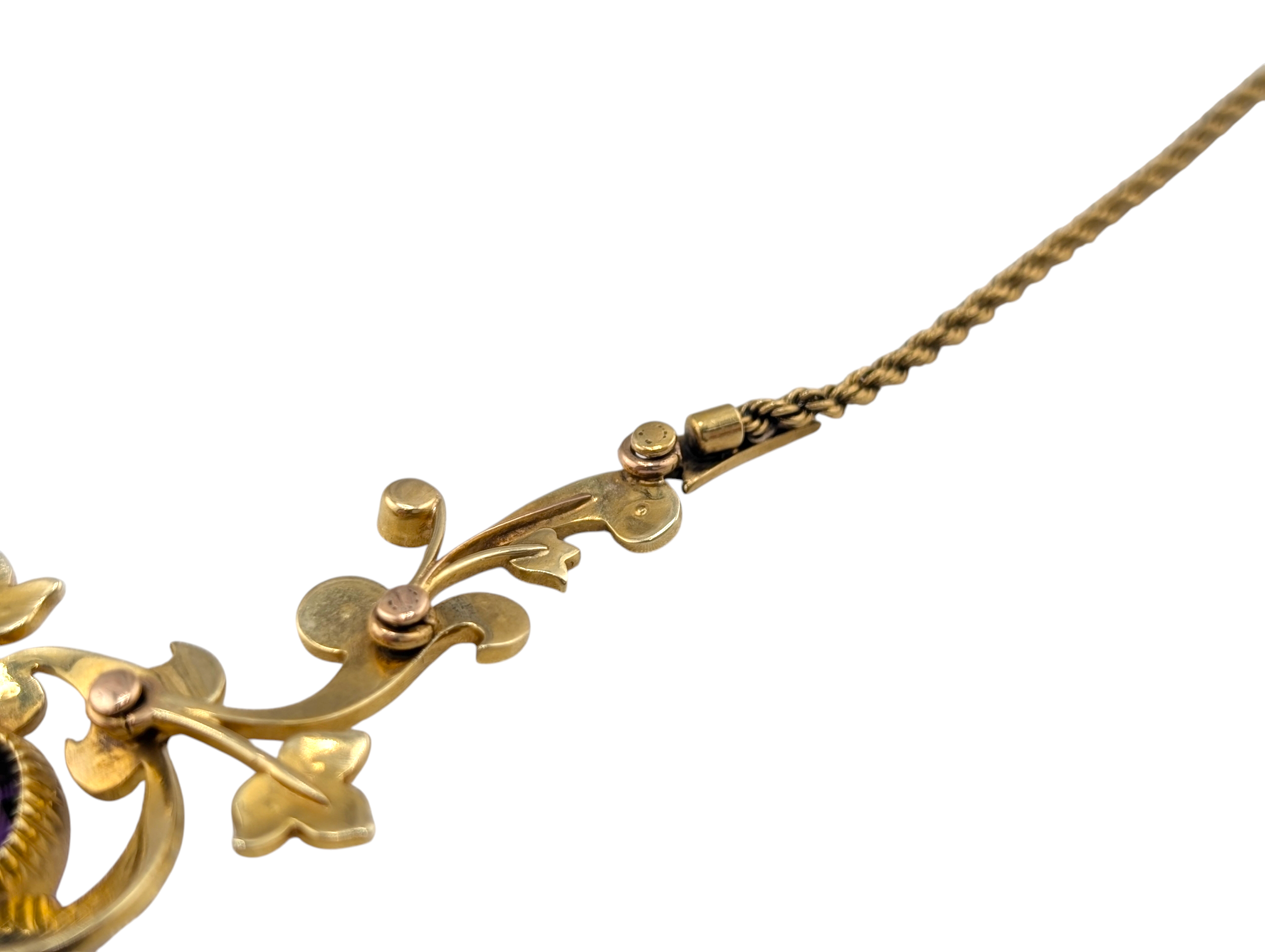 Edwardian 15ct Gold Articulated Scrollwork Amethyst & Natural Pearl Lavalier Necklace - Image 12