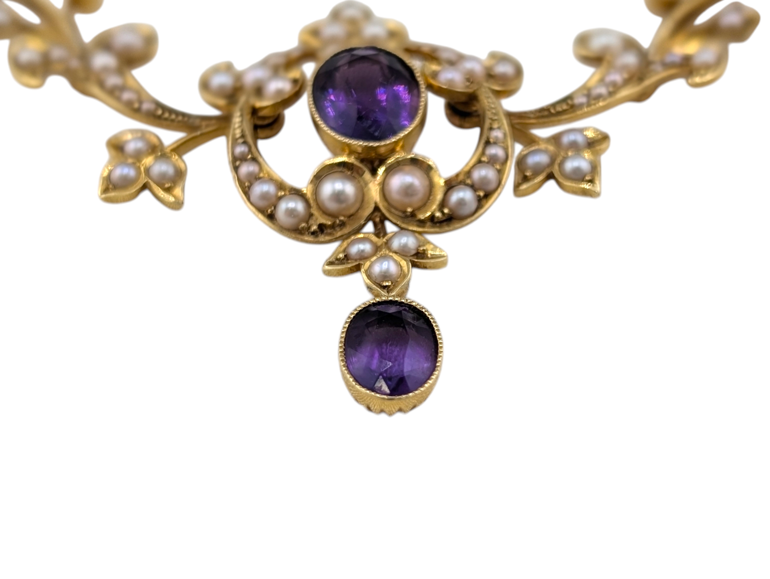 Edwardian 15ct Gold Articulated Scrollwork Amethyst & Natural Pearl Lavalier Necklace - Image 5