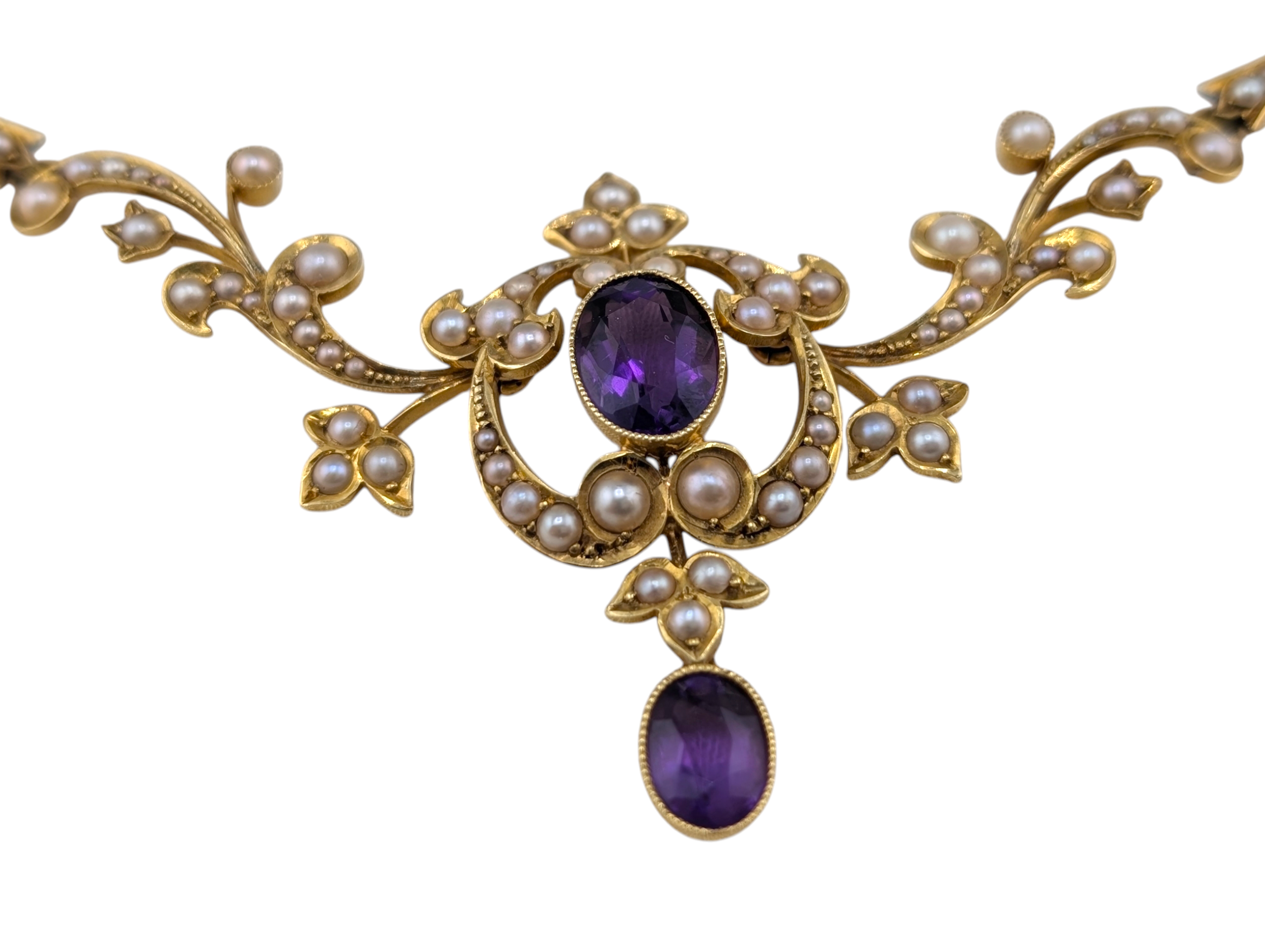 Edwardian 15ct Gold Articulated Scrollwork Amethyst & Natural Pearl Lavalier Necklace - Image 4