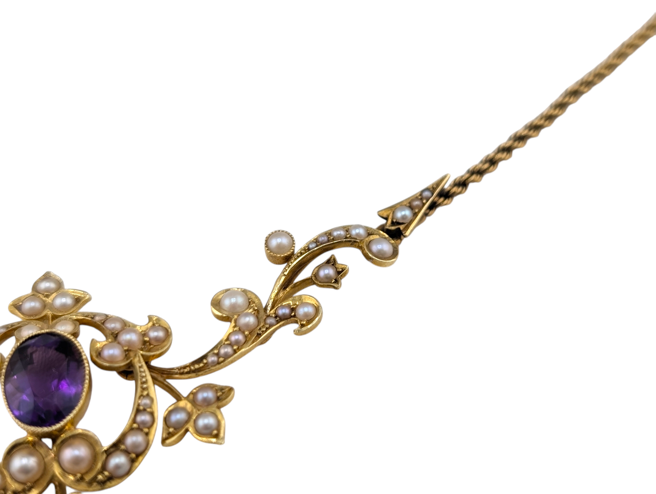 Edwardian 15ct Gold Articulated Scrollwork Amethyst & Natural Pearl Lavalier Necklace - Image 6