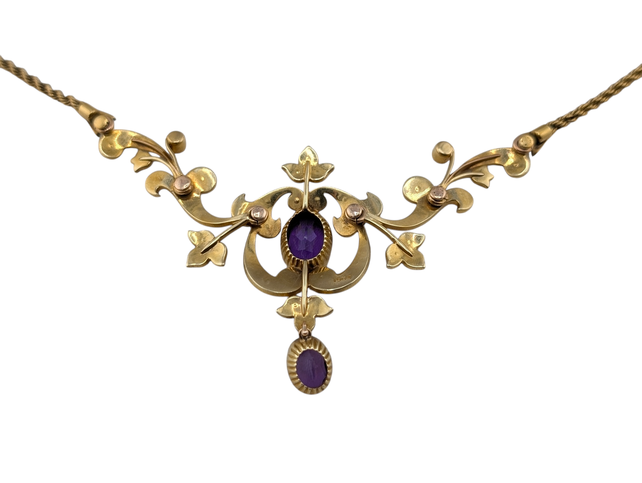 Edwardian 15ct Gold Articulated Scrollwork Amethyst & Natural Pearl Lavalier Necklace - Image 7