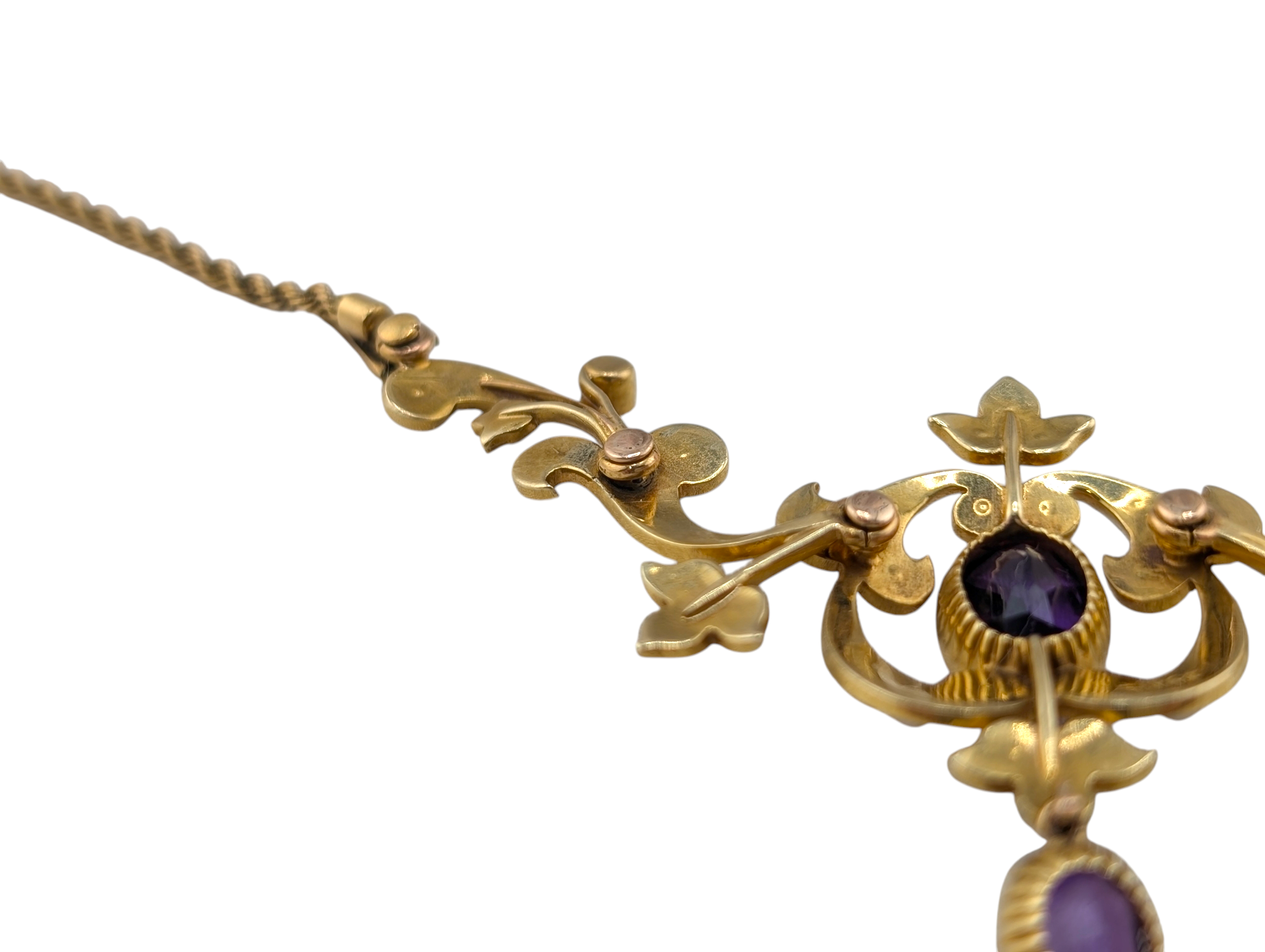 Edwardian 15ct Gold Articulated Scrollwork Amethyst & Natural Pearl Lavalier Necklace - Image 8