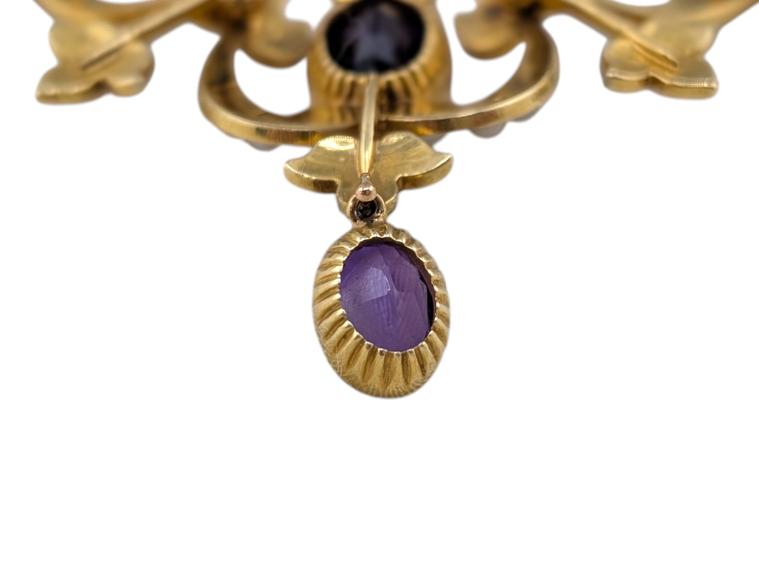 Edwardian 15ct Gold Articulated Scrollwork Amethyst & Natural Pearl Lavalier Necklace - Image 10