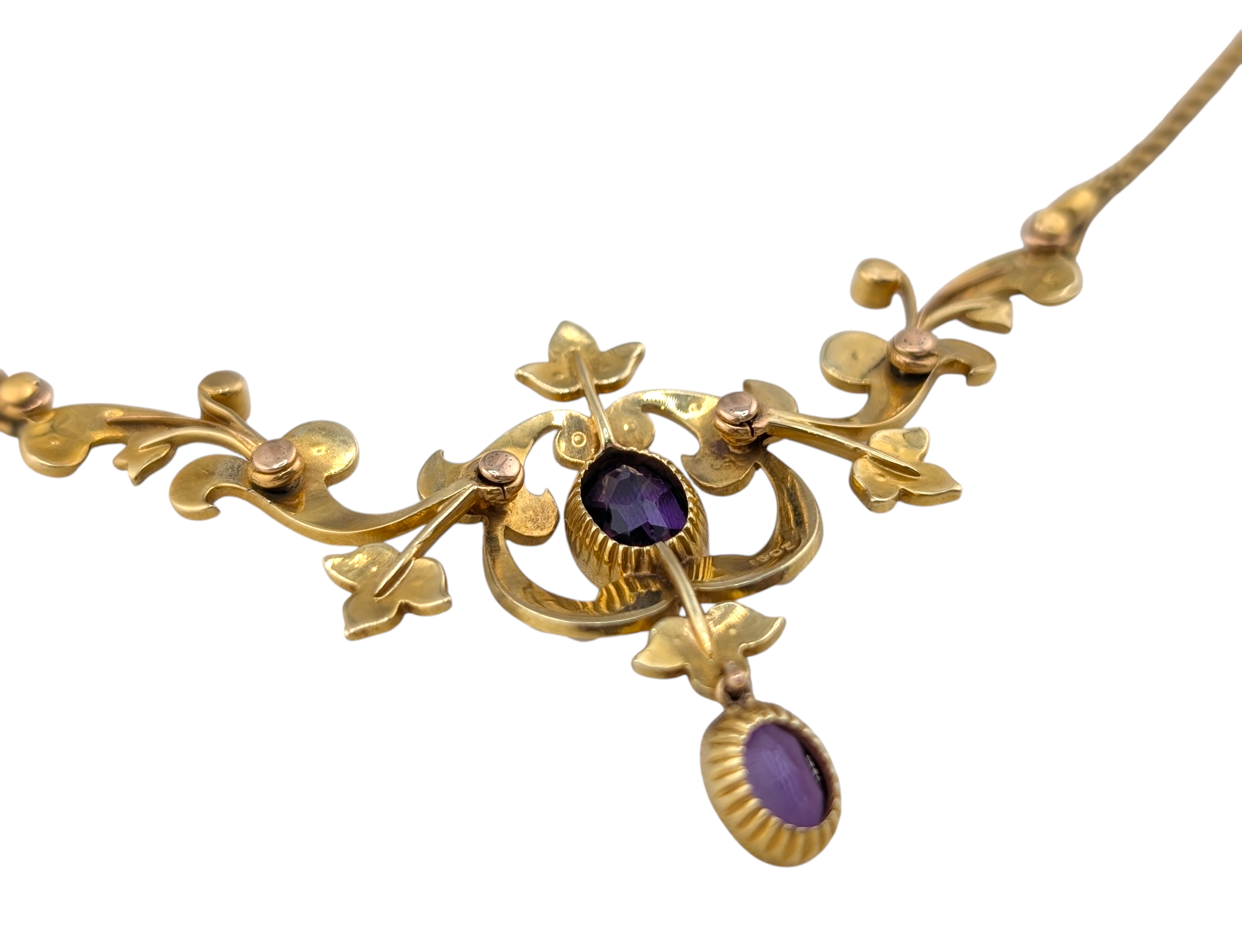 Edwardian 15ct Gold Articulated Scrollwork Amethyst & Natural Pearl Lavalier Necklace - Image 9