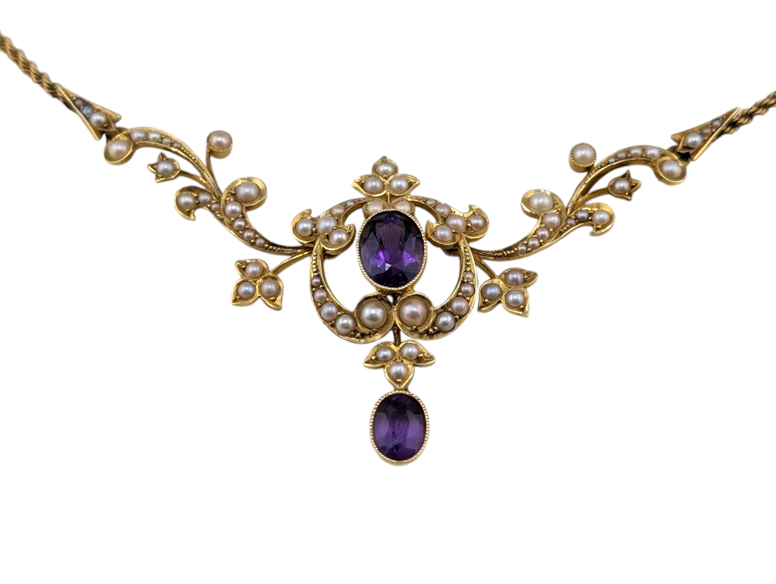 Edwardian 15ct Gold Articulated Scrollwork Amethyst & Natural Pearl Lavalier Necklace - Image 2