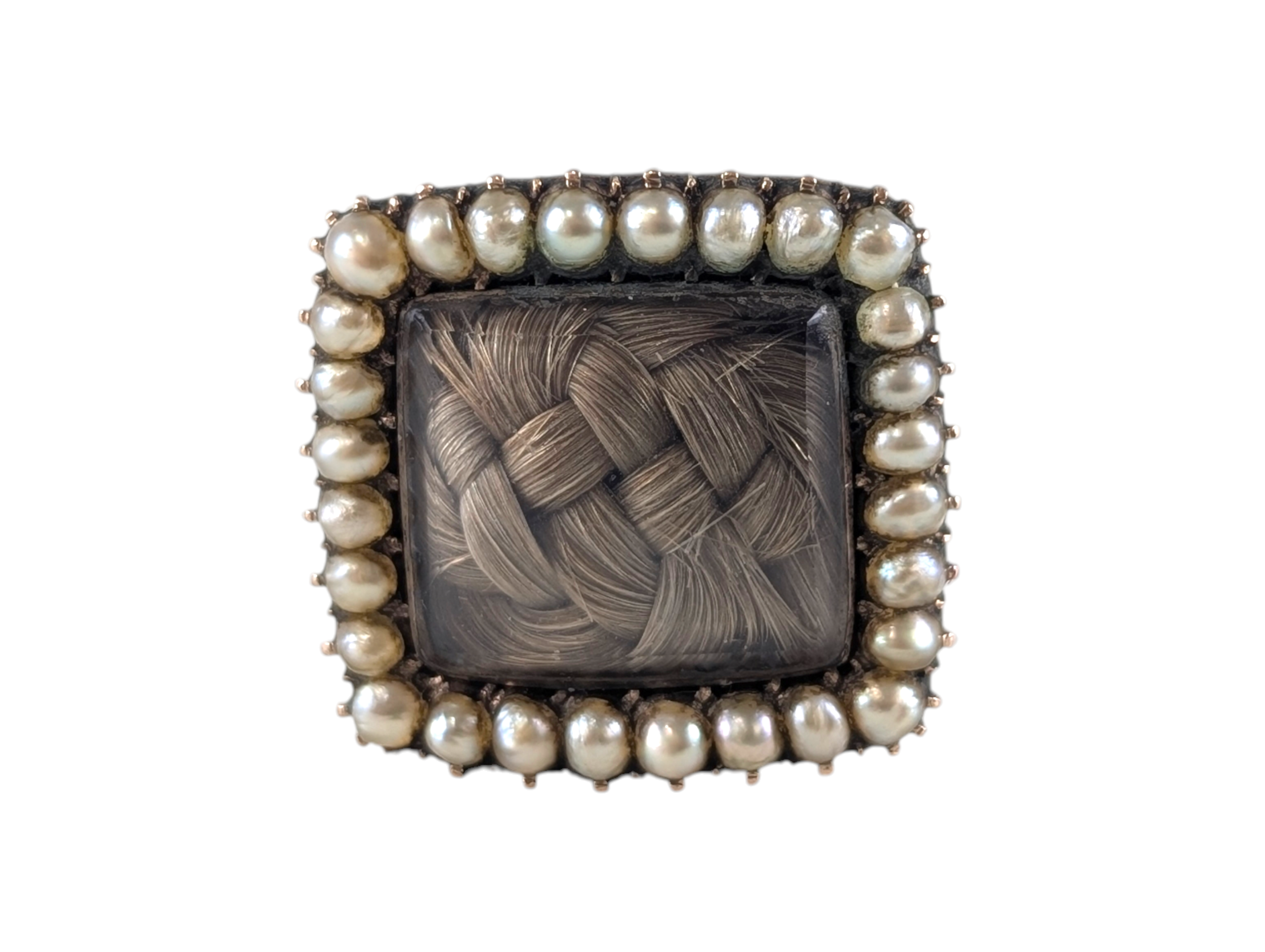 Antique Georgian 9ct Gold Mourning Brooch with Seed Pearls and Hair Lock