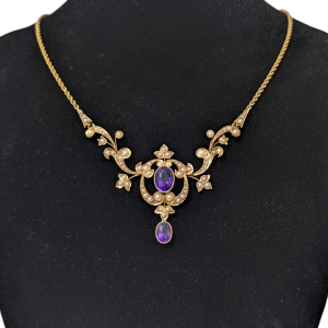 Edwardian 15ct Gold Articulated Scrollwork Amethyst & Natural Pearl Lavalier Necklace