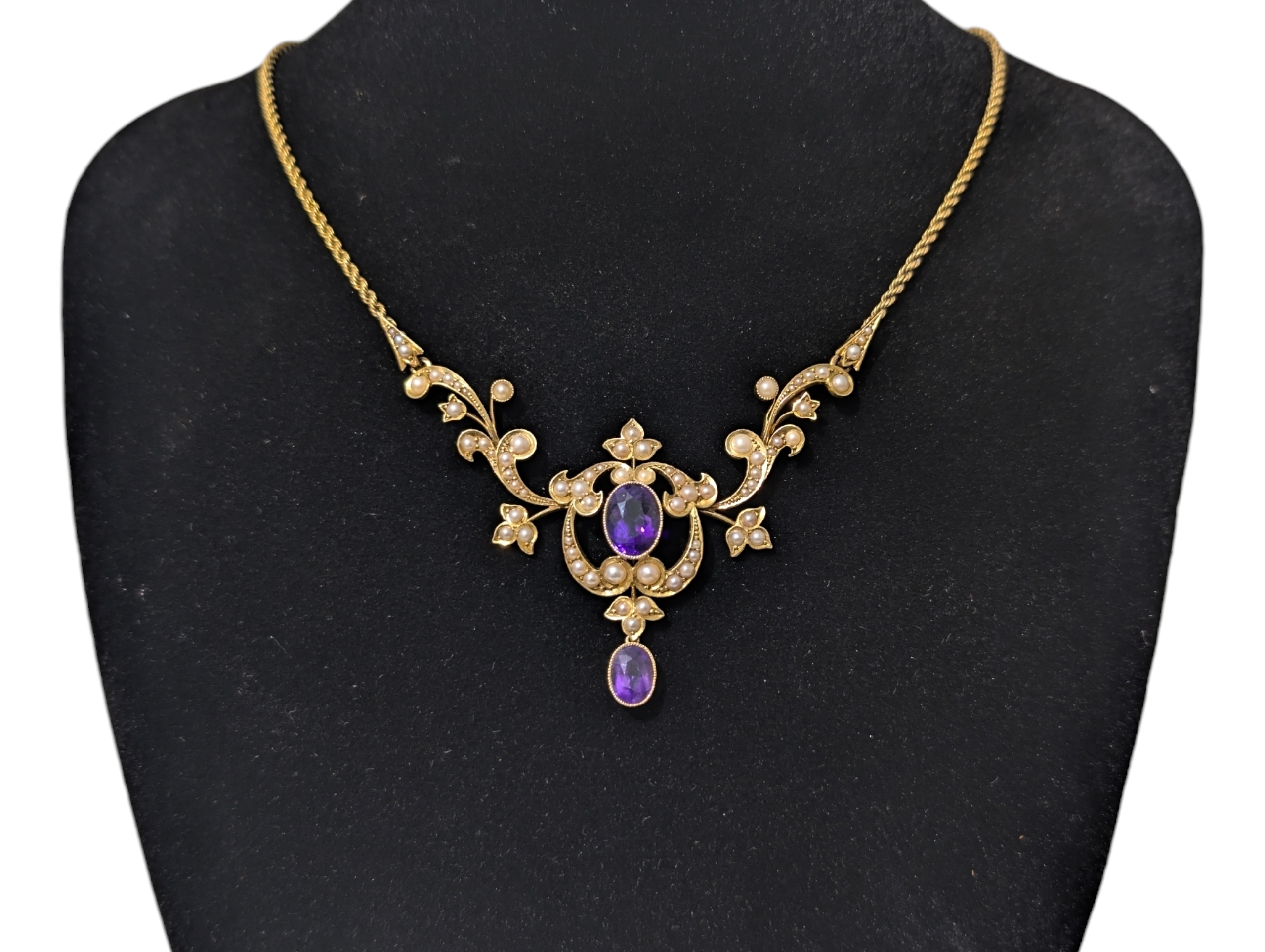 Edwardian 15ct Gold Articulated Scrollwork Amethyst & Natural Pearl Lavalier Necklace