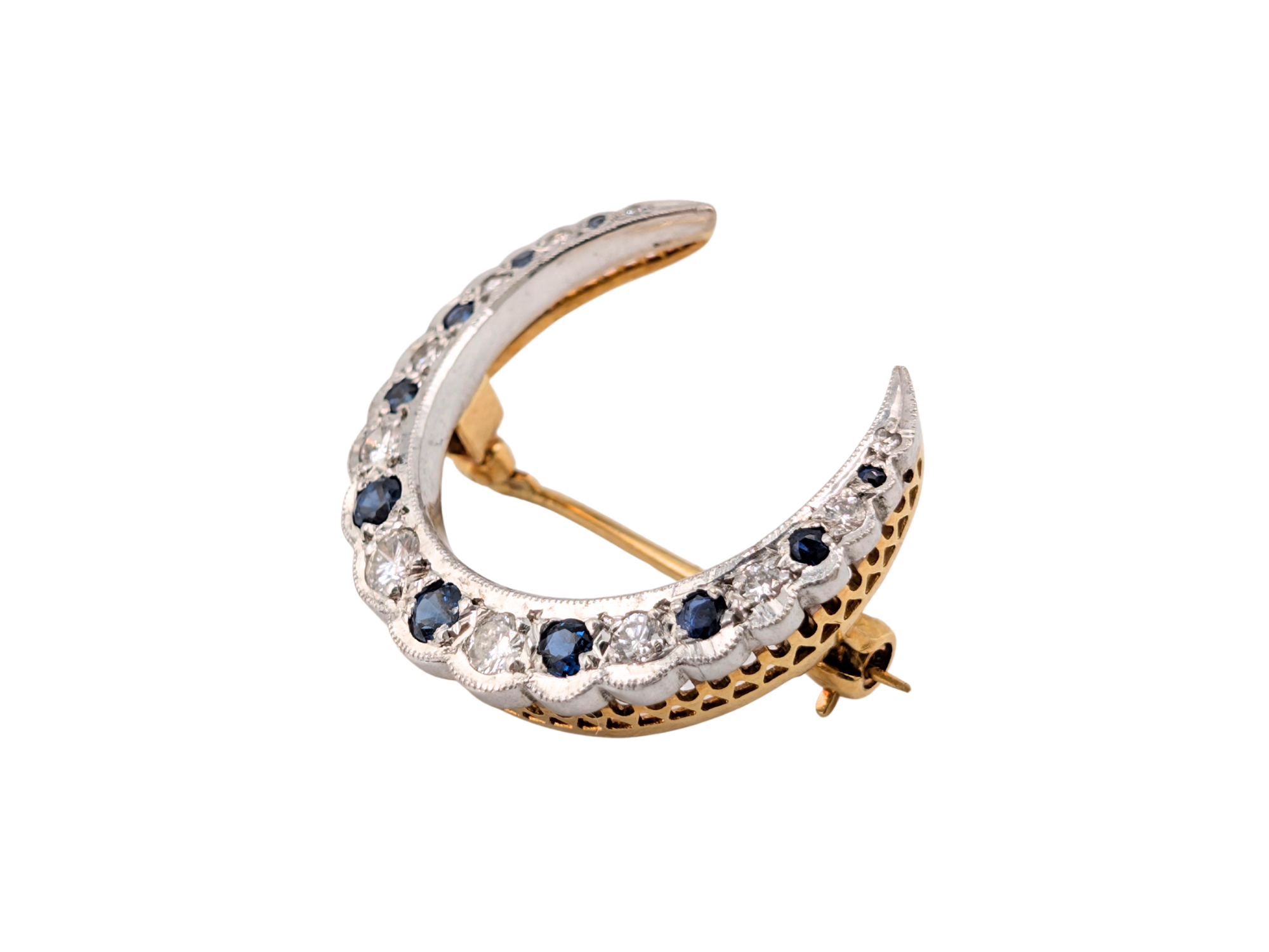 Vintage 18ct Gold Sapphire & Diamond Crescent Moon Brooch - Hallmarked 750 - Image 2