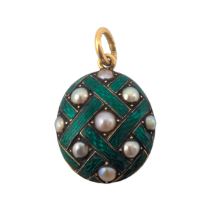 Antique Victorian 15ct Gold Guilloche Enamel & Pearl Mourning Locket Pendant