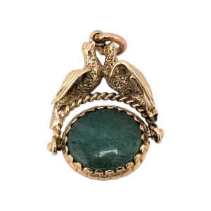 Antique 9ct Gold Rotating Agate Fob Pendant with Doves of Peace
