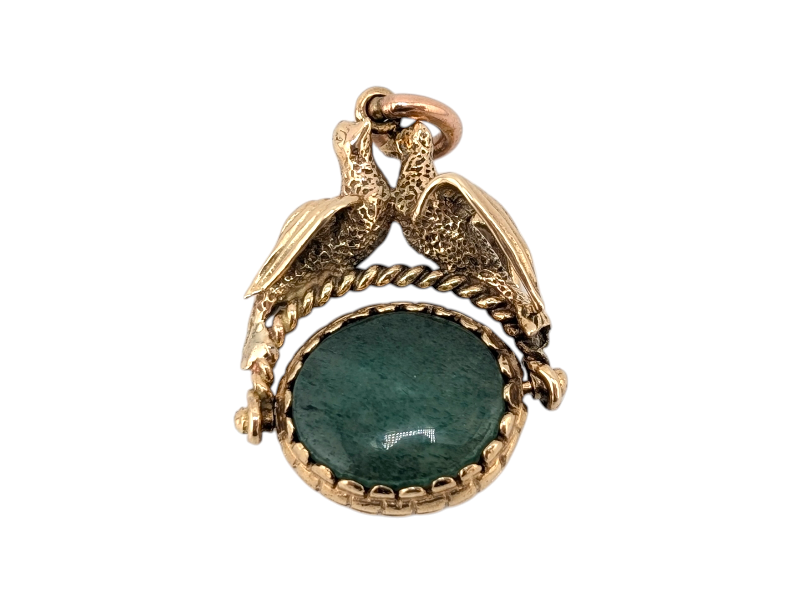 Antique 9ct Gold Rotating Agate Fob Pendant with Doves of Peace