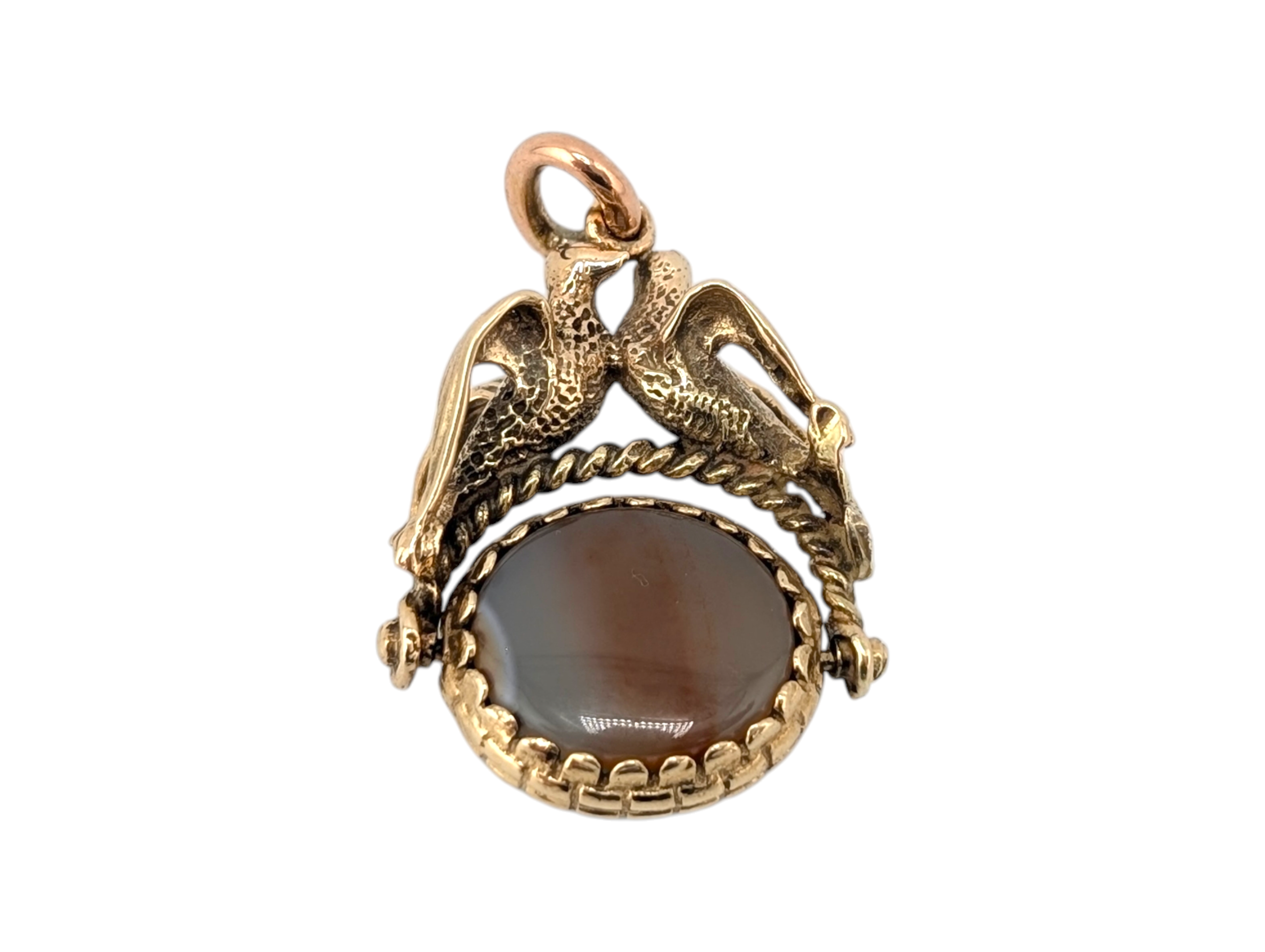 Antique 9ct Gold Rotating Agate Fob Pendant with Doves of Peace - Image 3
