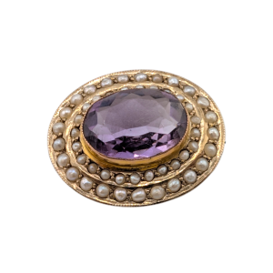 Edwardian 9ct Gold Amethyst & Seed Pearl Brooch / Pendant in Period Box