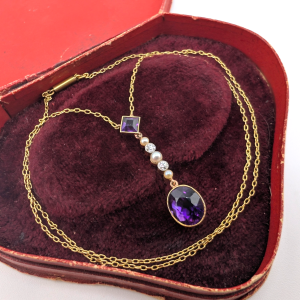 Edwardian 18ct Gold Amethyst, Pearl & Diamond Drop Pendant with Chain