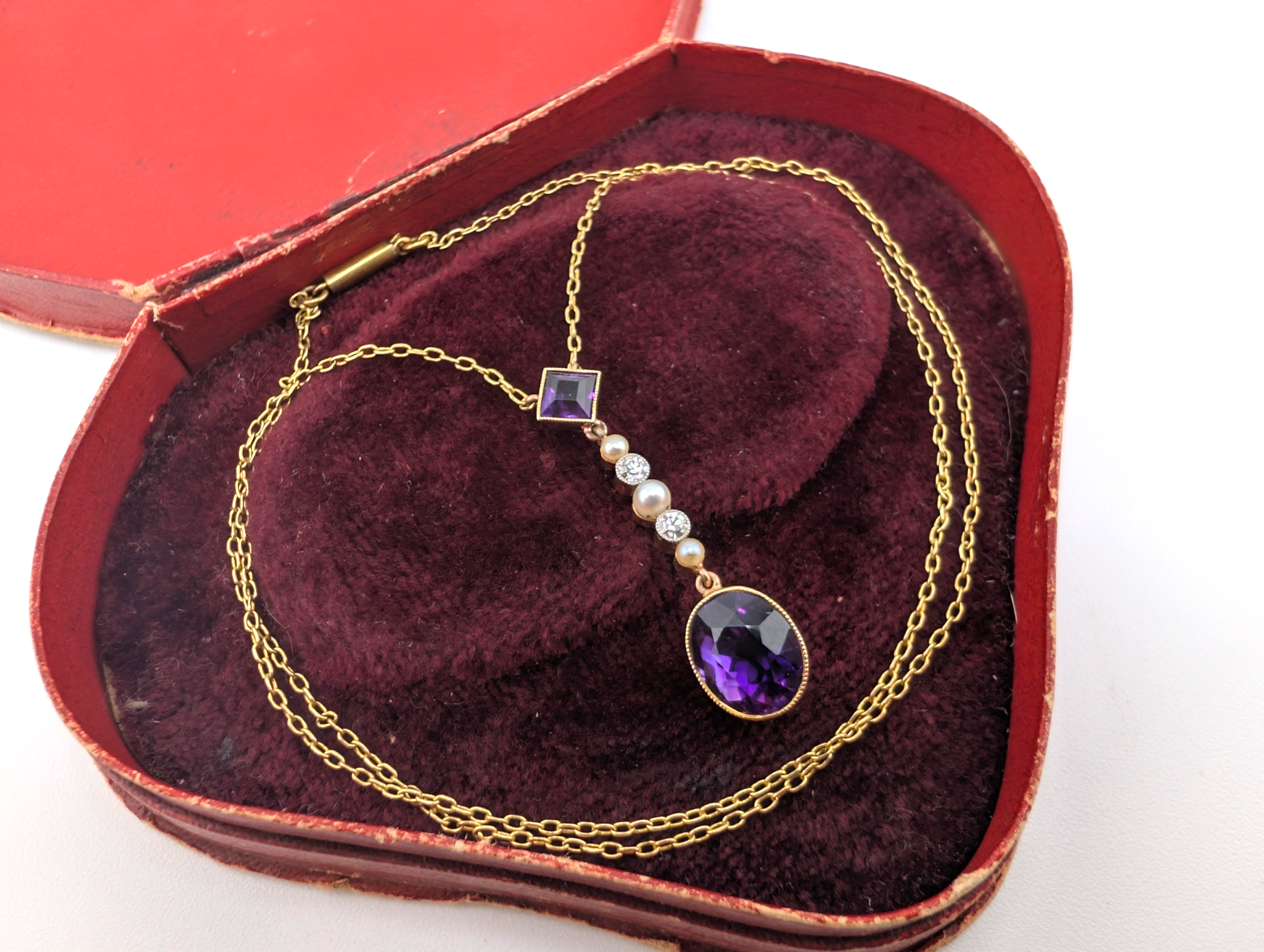 Edwardian 18ct Gold Amethyst, Pearl & Diamond Drop Pendant with Chain