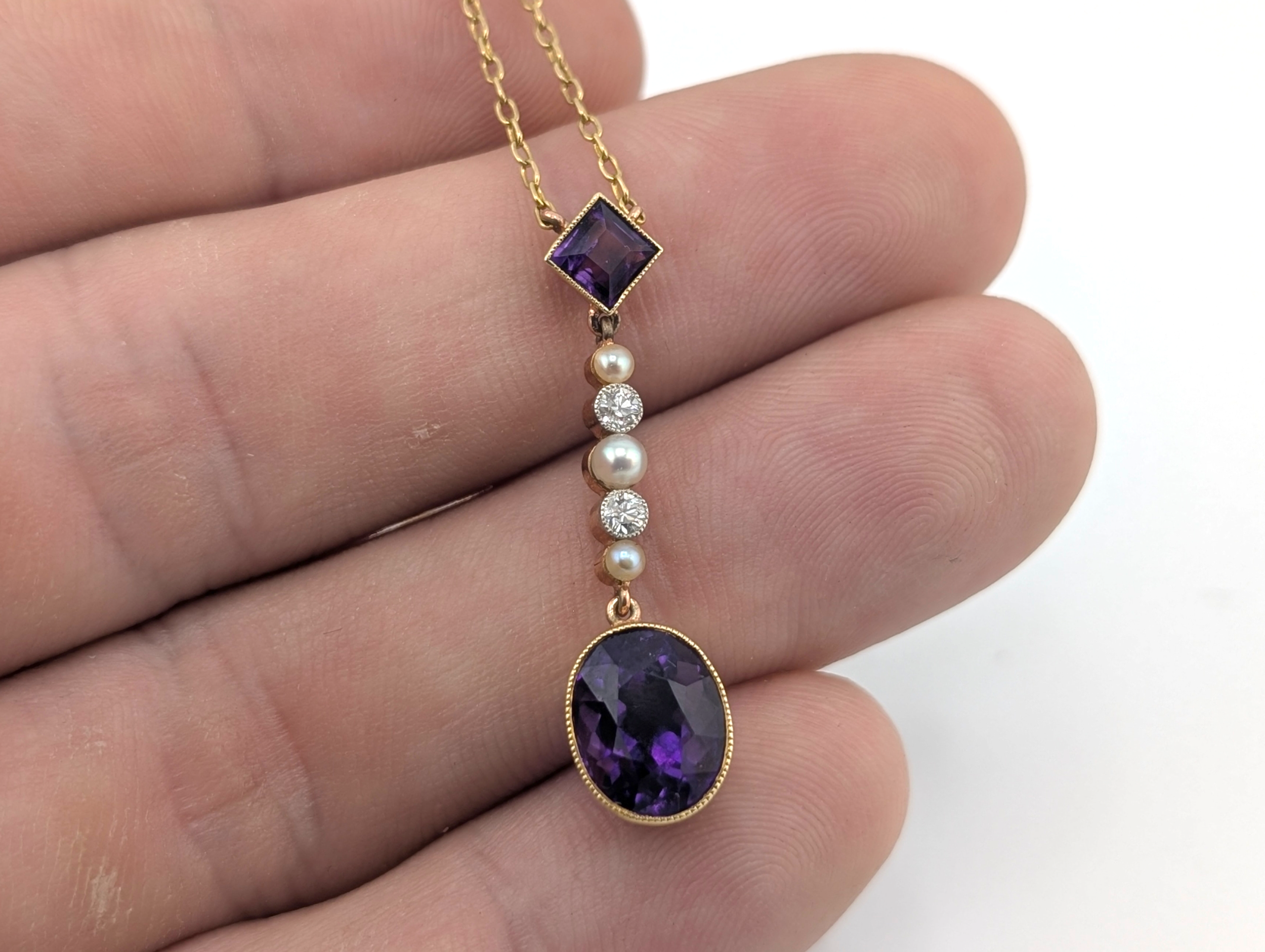 Edwardian 18ct Gold Amethyst, Pearl & Diamond Drop Pendant with Chain - Image 2
