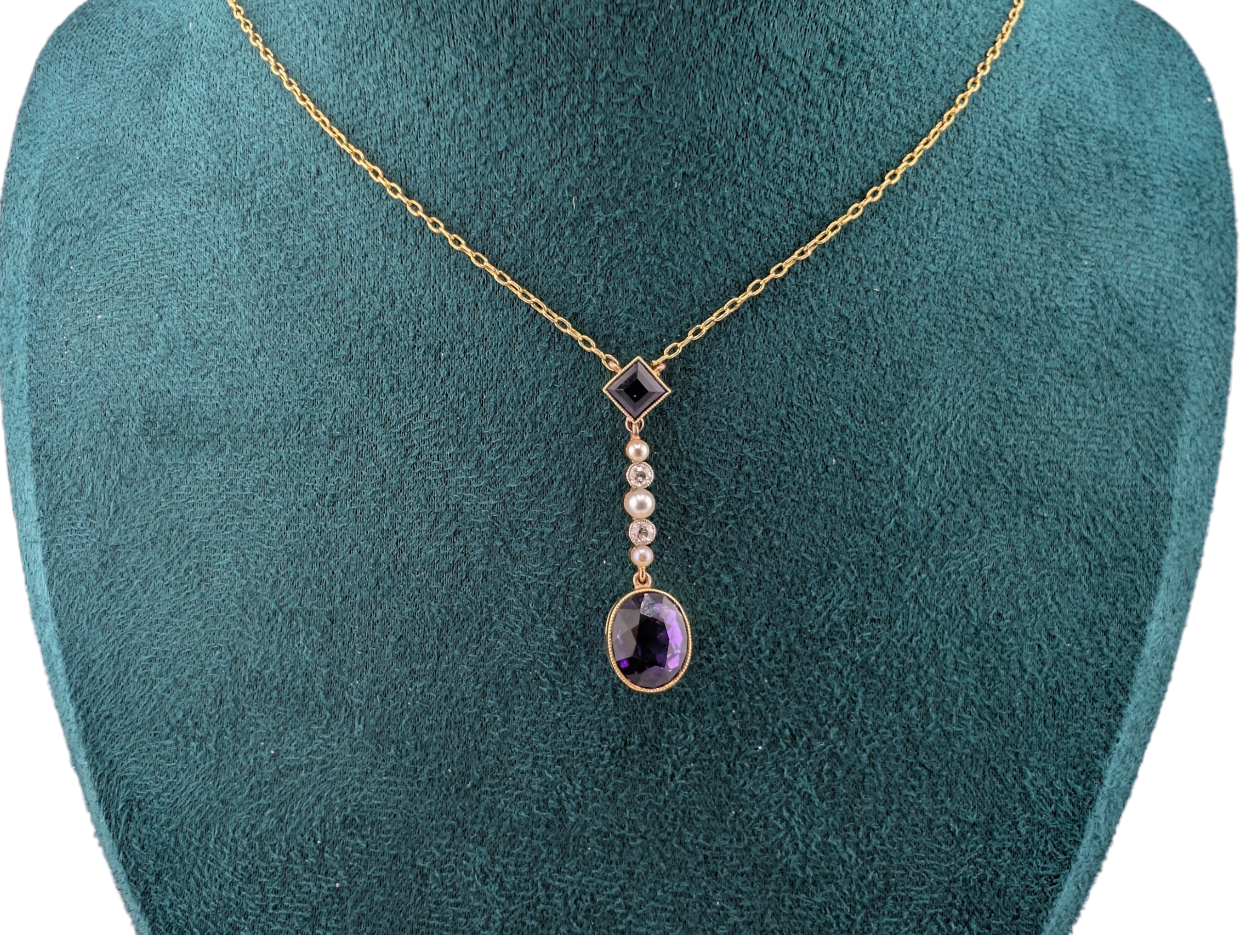 Edwardian 18ct Gold Amethyst, Pearl & Diamond Drop Pendant with Chain - Image 3