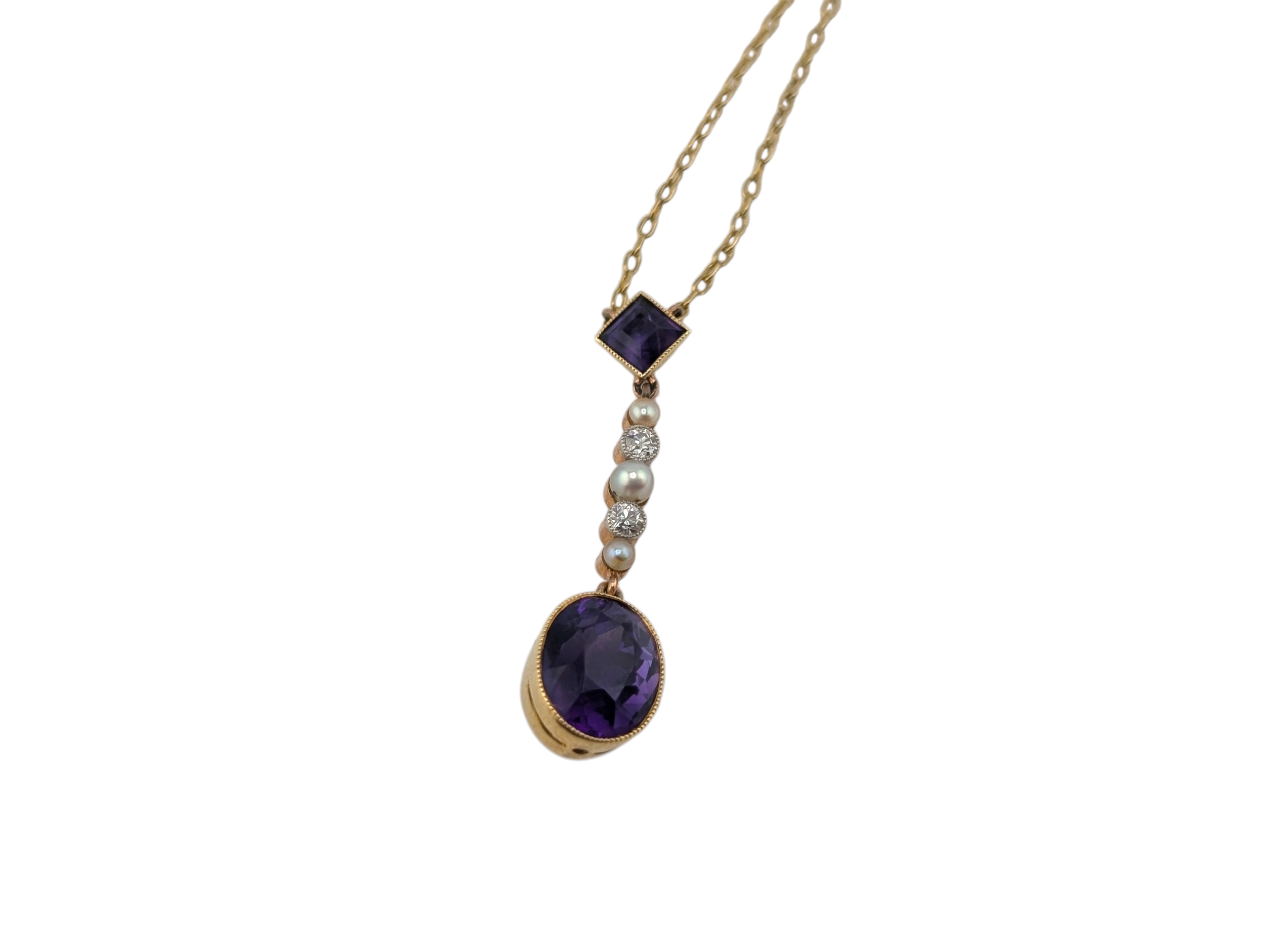 Edwardian 18ct Gold Amethyst, Pearl & Diamond Drop Pendant with Chain - Image 4