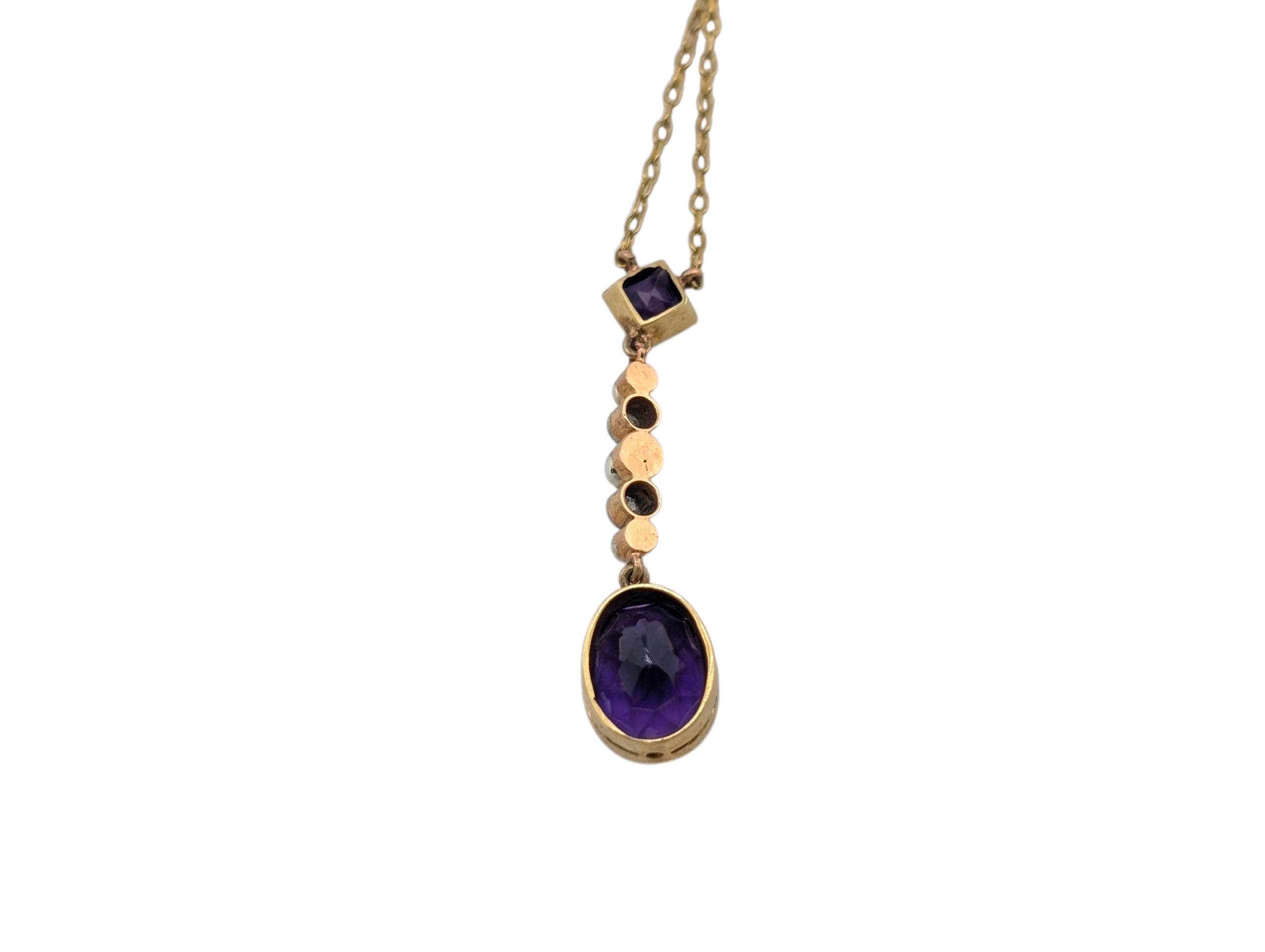 Edwardian 18ct Gold Amethyst, Pearl & Diamond Drop Pendant with Chain - Image 5