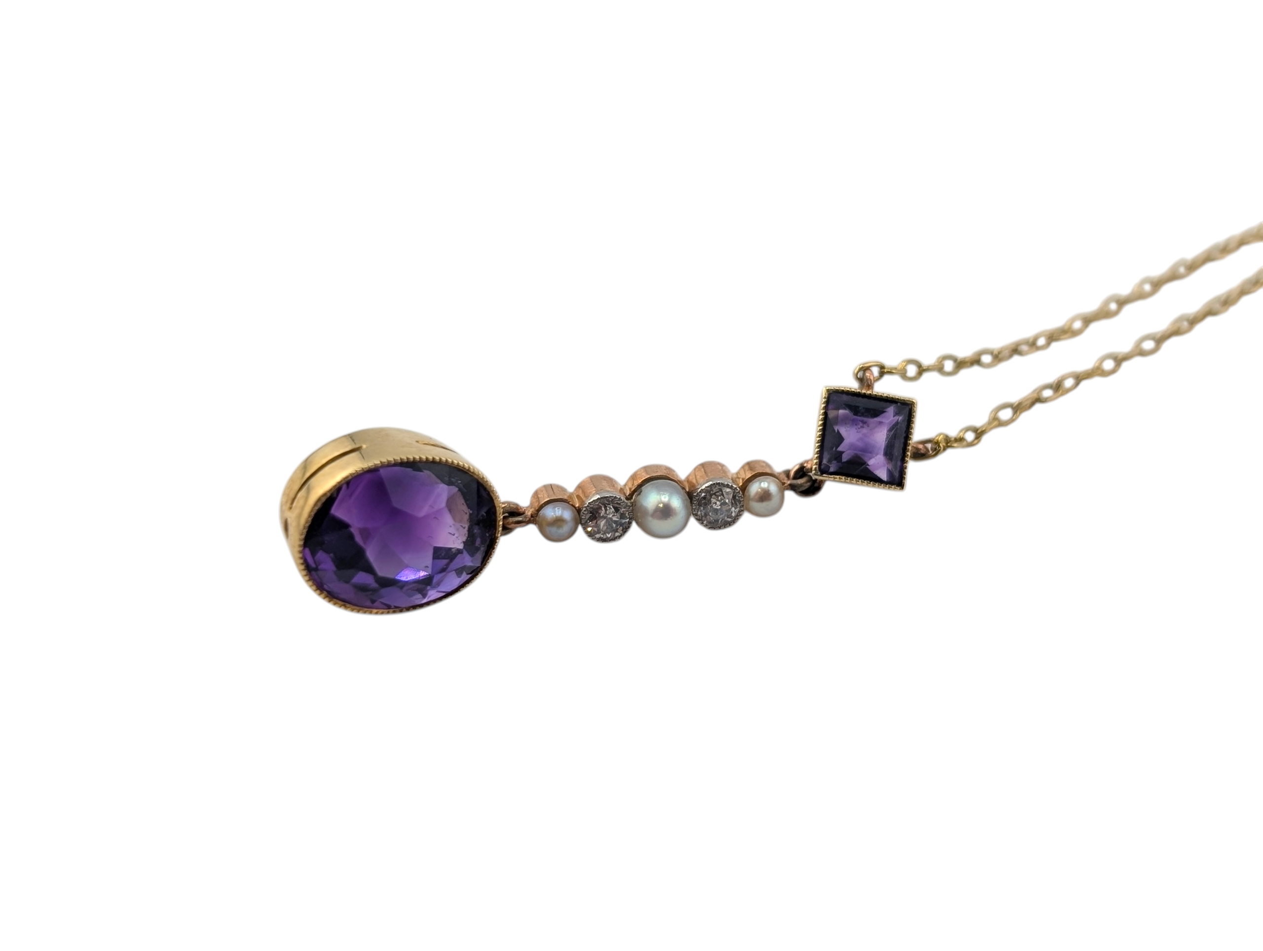 Edwardian 18ct Gold Amethyst, Pearl & Diamond Drop Pendant with Chain - Image 6