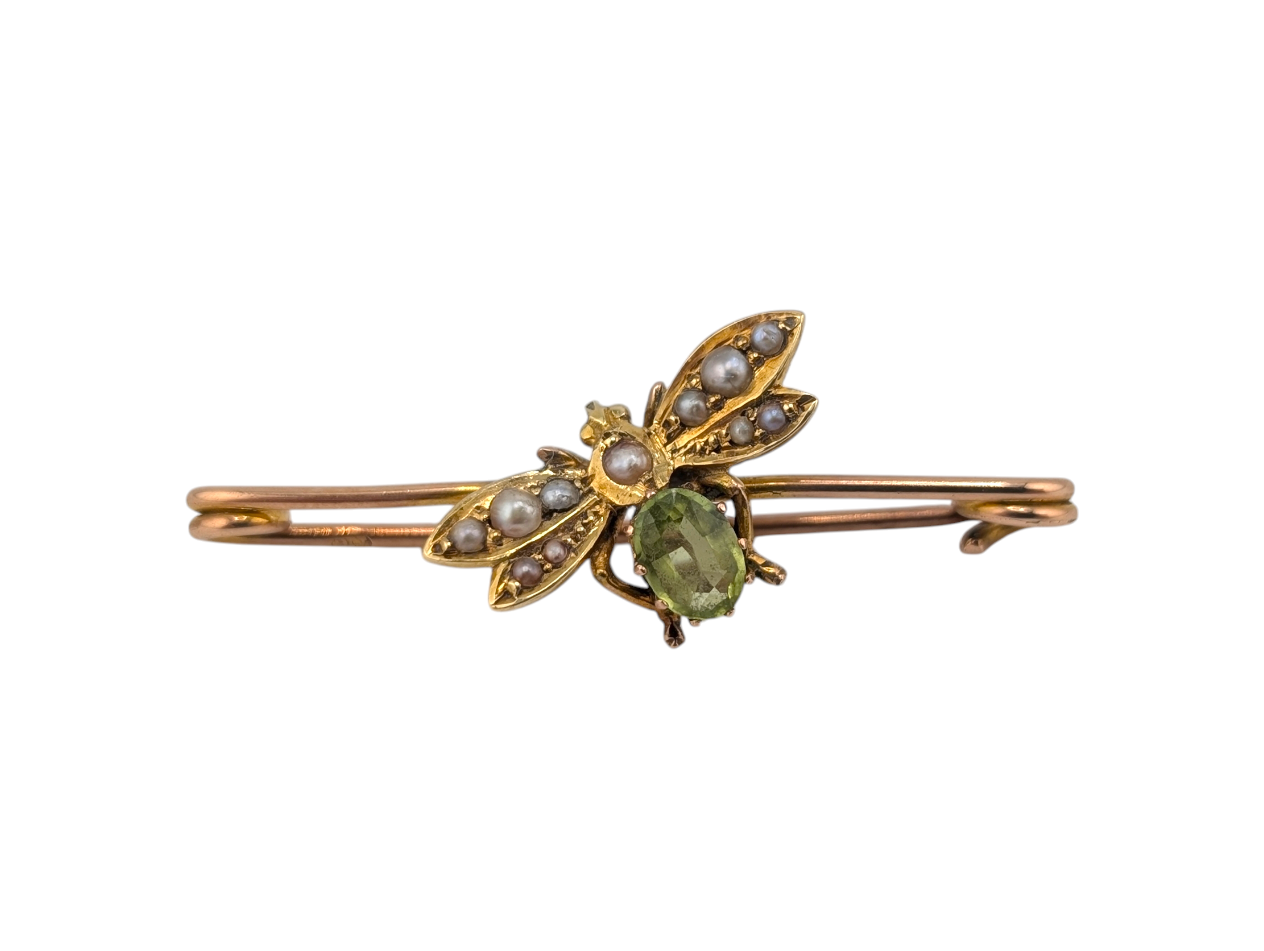 Edwardian Antique 15ct Gold Peridot & Pearl Bug Bar Brooch - Image 2