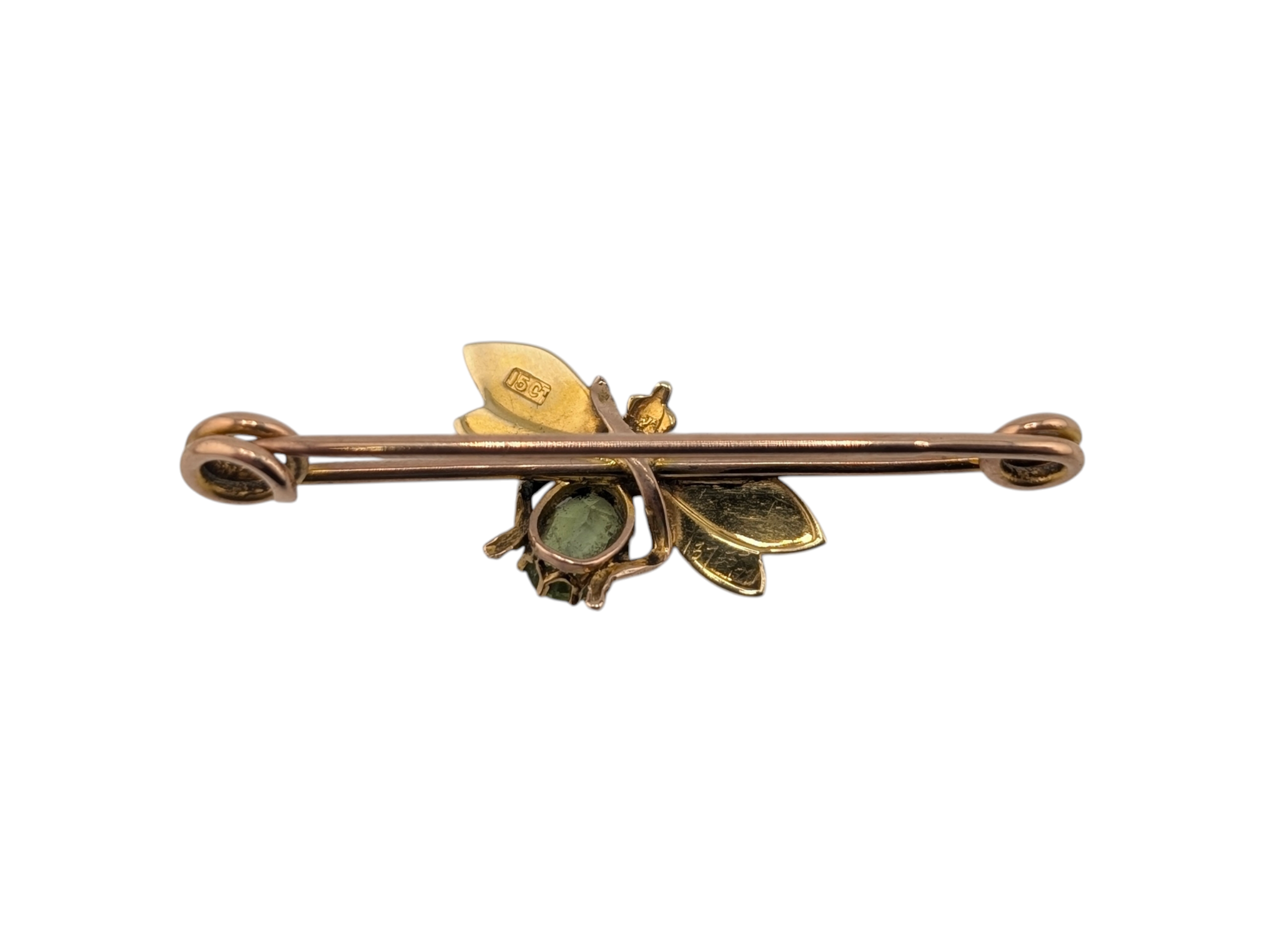 Edwardian Antique 15ct Gold Peridot & Pearl Bug Bar Brooch - Image 3